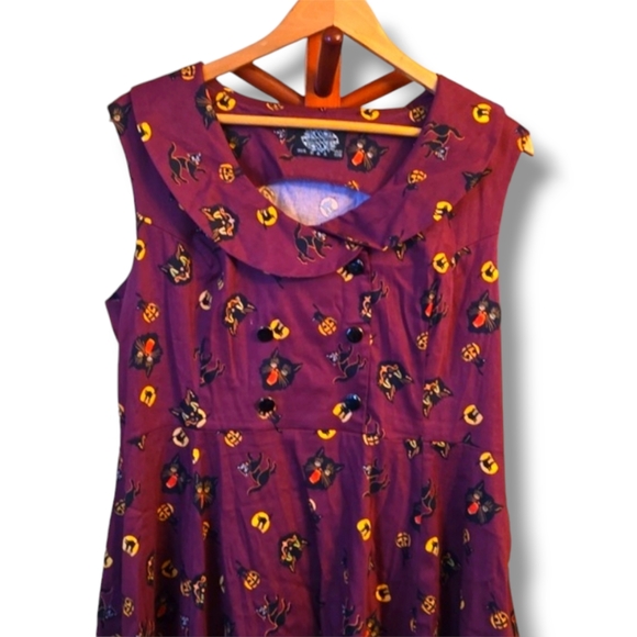 Hearts & Roses Nellie Plus Size Burgundy Halloween Spooky Black Cat Dress - Picture 2 of 9